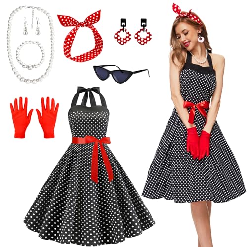 JONRRYIN 50er Jahre Kostüm Damen, 9 Stück Rockabilly Accessoires Mit Katzen Auge Brille, Ohrringe, Stirnband, Halskette, Handschuhe für Motoparty Retro Party JONRRYIN 50er Jahre Kostüm Damen, 9 Stück Rockabilly Accessoires Mit Katzen Auge Brille, Ohrringe, Stirnband, Halskette, Handschuhe für Motoparty Retro Party von JONRRYIN