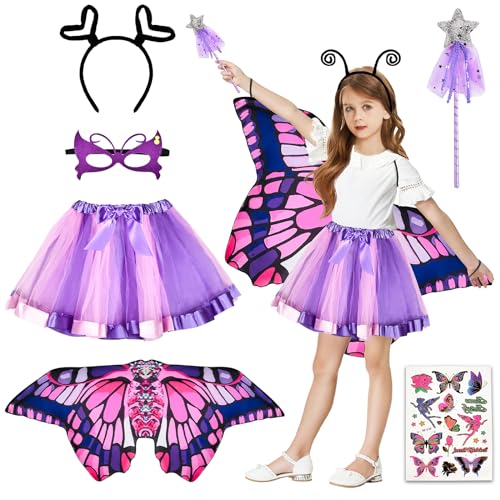 JONRRYIN 6 Stück Kostüm Schmetterling Kinder, Schmetterlingsflügel mit Tutu Rock Haarreif Maske Tüllrock Tattoos, Schmetterling Umhang Kostüm für Mädchen Karneval Fasching Cosplay (Lila) von JONRRYIN