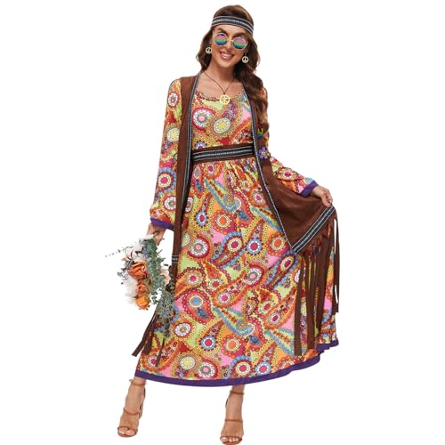 JONRRYIN 60er Jahre Kostüm Damen, Hippie Kleidung Damen Kostüm, 70er Disco Halloween Outfits, Hippie Damen Kleid Set für Karneval Party, 60er Jahre Bekleidung Accessoires (L) von JONRRYIN