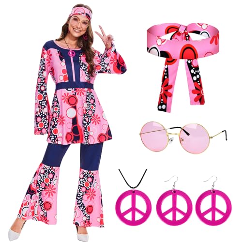 JONRRYIN 70er Jahre Hippie Kostüm Damen, Faschingskostüme Hippie Mottoparty Kostüm, Hippie Kleidung Schlaghose für Damen Disco Outfit (L) von JONRRYIN