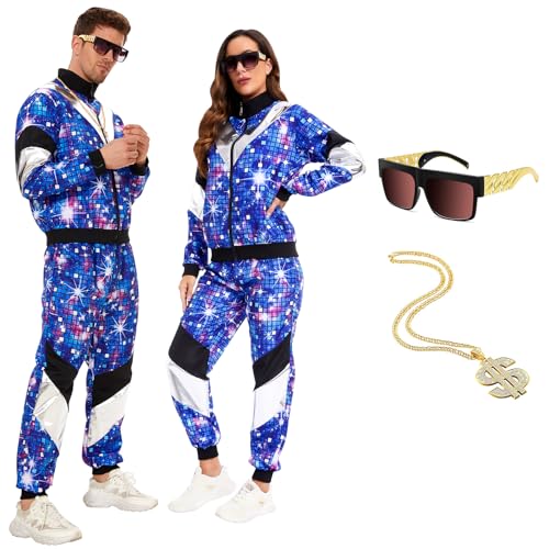 JONRRYIN 80s 90s Outfit Herren Damen, Kostüm Tracksuit Disco Jacke und Hose, Retro Anzug Jogging Anzug Unisex Mit Halsketten Brille für Bad Taste Party, Karneval (2XL) von JONRRYIN