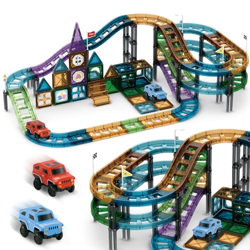 JONRRYIN 96 Stück Magnetische Bausteine Autorennbahn, Magnetbausteine Set 3D Rennauto Strecke Magnet Bausteine Kinder mit 2 Spielzeugauto, Lernspielzeug für Kinder ab 3 Jahren von JONRRYIN