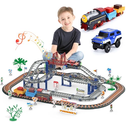 JONRRYIN Kinder Eisenbahnschiene Zug Spielzeug Set, Autorennbahn Spielzeug mit Zug&Autobahnautos, für Kinder 5 6 7 8 10+Jahre Geschenk (84 Stück) von JONRRYIN