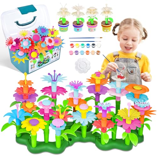 JONRRYIN Blumengarten Spielzeug ab 3 Jahre Mädchen, DIY Bouquet Sets mit Aufbewahrungskiste, Flower Garden Building Toy Set, Blumen Steckspiel, Blume Garten Gebäude Spielzeug (Typ B - 130PCS) von JONRRYIN