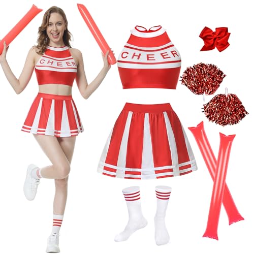 JONRRYIN Cheerleader Kostüm Damen, Cheerleading Uniform, Cheerleader Outfit Damen mit Cheerleader Pompons, Cheer Sticks, Ärmellos Crop Top und Minirock, High School Cheerleader (Rot, L) von JONRRYIN