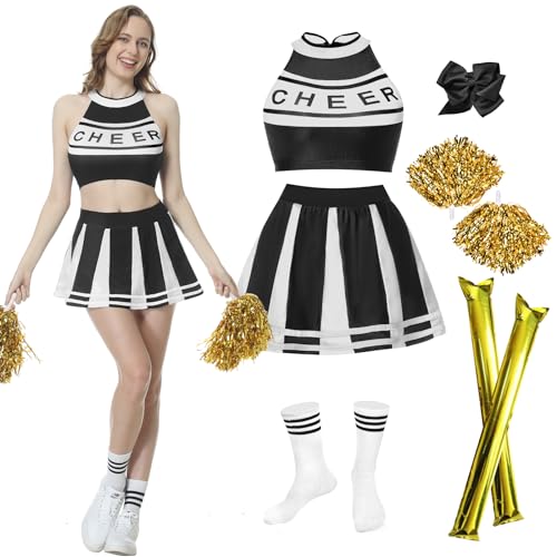 JONRRYIN Cheerleader Kostüm Damen, Cheerleading Uniform, Cheerleader Outfit Damen mit Cheerleader Pompons, Cheer Sticks, Ärmellos Crop Top und Minirock, High School Cheerleader (Schwarz, L) von JONRRYIN