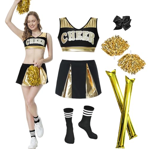JONRRYIN Cheerleader Kostüm Damen - Uniform Mit Pompons, Cheer Sticks, Ärmellos Crop Top und Minirock - High School Outfit (Schwarz + Gold, S) von JONRRYIN