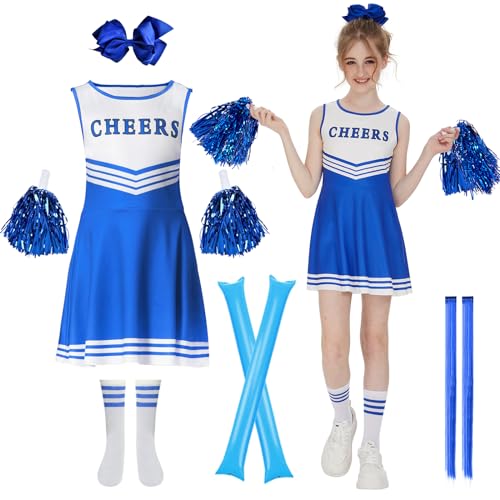 JONRRYIN Cheerleader Kostüm Kinder, Cheerleadering Outfit Mädchen, Cheerleading Uniform Kleid mit Pompoms, Socken und Kopfschmuck, Schulkind Cheer Kostüm Outfit für Karneval Halloween (Blau, 150cm) von JONRRYIN