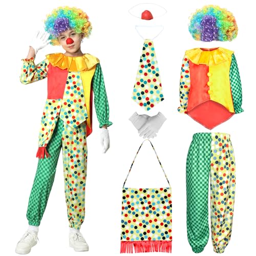 JONRRYIN Clown Kostüm Kinder Set, Clown Kostümzubehör Clown Kleidung Clown Perücke, Clown Kostüm für Zirkus Requisiten, Clown Nase, Clowntasche, Karneval Kostüm Cosplay -L von JONRRYIN