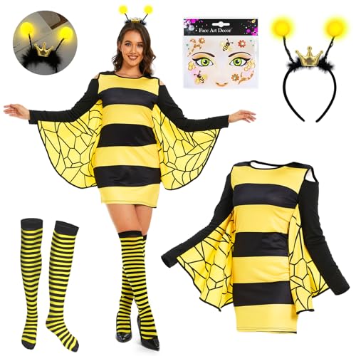JONRRYIN Damen Biene Kostüm, Biene Damenbekleidung, Gestreifte Strümpfe, Aufkleber, Haarbänder, Cosplay Bienenkostüm Damenkleid für Erwachsene, Fasching, Mottoparty (Bienen, XL) von JONRRYIN