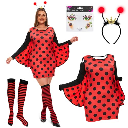 JONRRYIN Damen Biene Kostüm, Biene Damenbekleidung, Gestreifte Strümpfe, Aufkleber, Haarbänder, Cosplay Bienenkostüm Damenkleid für Erwachsene, Fasching, Mottoparty (Marienkäfer, XL) von JONRRYIN