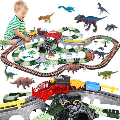 JONRRYIN Dinosaurier Spielzeug Autoachterbahn, 259 Stück Eisenbahn Kinder Elektrisch mit Zug Spielzeug, Autorennbahn Dino Rennbahn Kinderspielzeug, Schienen Auto Spielzeug für Kinder ab 2-7 Jahren von JONRRYIN