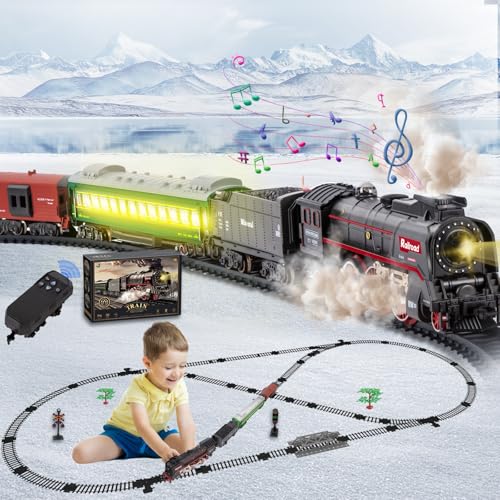 JONRRYIN Elektrische Zug Spielzeug, Eisenbahn Weihnachtsbaum Elektrisch, Retro Zug Spielzeug mit Schienen, Dampf, Licht & Sound, Dampfzug den Tannenbaum Geschenk für Kinder von JONRRYIN