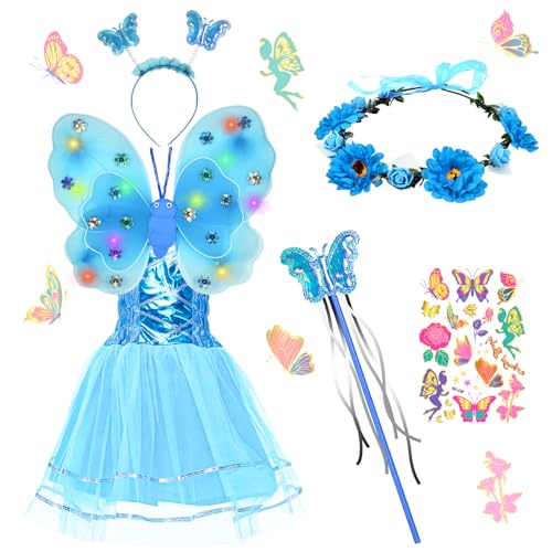 JONRRYIN Feenkostüm Kinder mit Feenflügel Feenkleid Blumenkranz Haare Schmetterling Fee Haarreif Haarband Feen Zauberstab (Blue) von JONRRYIN