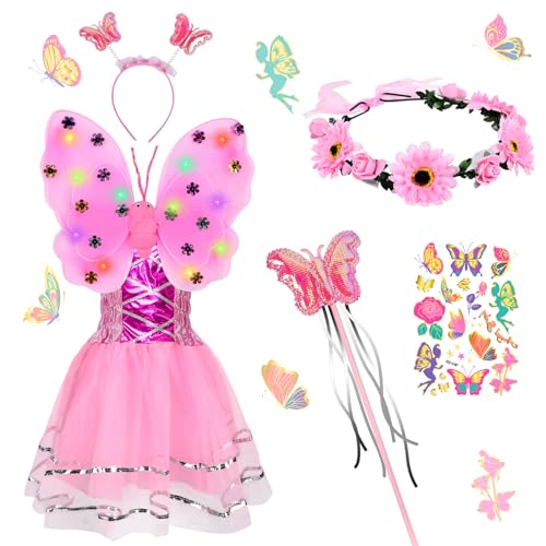 JONRRYIN Feenkostüm Kinder mit Feenflügel Feenkleid Blumenkranz Haare Schmetterling Fee Haarreif Haarband Feen Zauberstab (Pink) von JONRRYIN