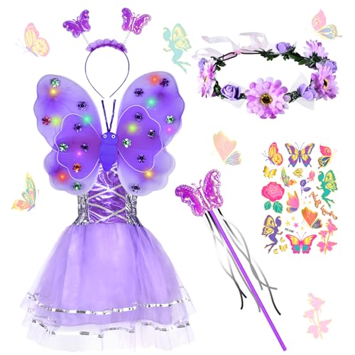JONRRYIN Feenkostüm Kinder mit Feenflügel Feenkleid Blumenkranz Haare Schmetterling Fee Haarreif Haarband Feen Zauberstab (Purple) von JONRRYIN