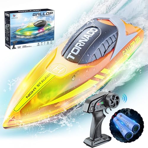 JONRRYIN Ferngesteuertes Boot, RC Boot mit LED-Licht für Pools und Seen, 2,4 GHz Ferngesteuerte Boote RC Rennboot, Speedboot Poolspielzeug für Kinder und Erwachsene (Orange) von JONRRYIN