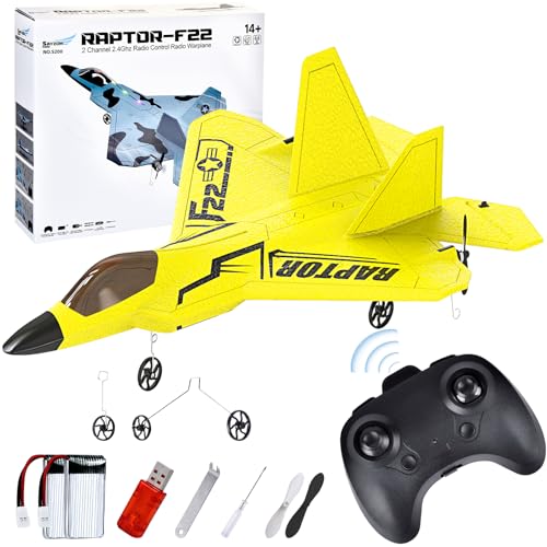 JONRRYIN Ferngesteuertes F-22 Flugzeug, Schaumstoff RC-Modell Mit LED-Licht, Leicht Für Kinder Und Anfänger Geeignet (Gelb) von JONRRYIN