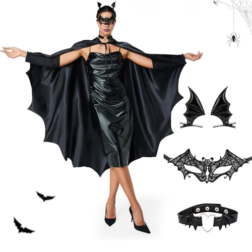 JONRRYIN Fledermaus Kostüm Damen, Halloween Vampir Kostüm Damen, Fledermaus Umhang Kit für Damen mit Maske, Haarnadeln, Halskette für Halloween, Karneval Party JONRRYIN Fledermaus Kostüm Damen, Halloween Vampir Kostüm Damen, Fledermaus Umhang Kit für Damen mit Maske, Haarnadeln, Halskette für Halloween, Karneval Party von JONRRYIN