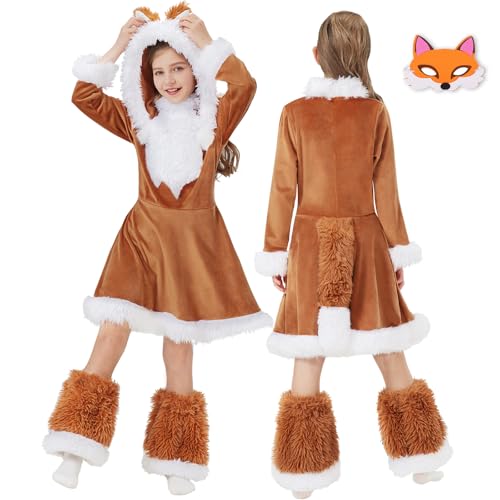 JONRRYIN Fuchs Kostüm Kinder, Fuchs Tier Kleid Set mit Fuchs Ohren, Hut und Tail Accessoires, Dschungel Fuchs Eichhörnchen Tierkostüm für Mädchen Karneval Cosplay Faschingskostüme (M) (S) von Generisch