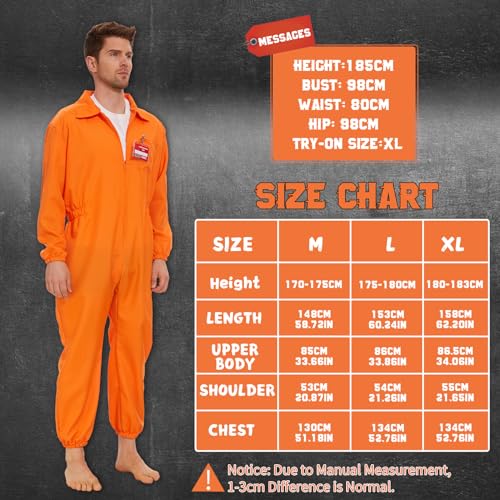 JONRRYIN Häftling Kostüm Herren, Orange Sträfling Kostüm mit Namensschild, Herren Gefangener Kostüm, Orange Overall Prisoner Costume Herren Damen Cosplay Mottoparty Karneval (XL) von JONRRYIN