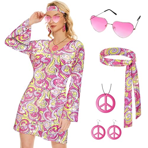 JONRRYIN Hippie Kostüm Damen Set, 60er 70er Kleid Hippie Kleidung Frauen Mädchen Disco Kleider mit Pailletten, Mode Abba Outfit mit 60er Jahre Kostüm Zubehör, Bekleidung Damen für Karneval Party (M) JONRRYIN Hippie Kostüm Damen Set, 60er 70er Kleid Hippie Kleidung Frauen Mädchen Disco Kleider mit Pailletten, Mode Abba Outfit mit 60er Jahre Kostüm Zubehör, Bekleidung Damen für Karneval Party (M) von JONRRYIN