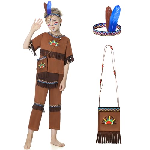 JONRRYIN Indianer Kostüm Kinder Junge mit Kopfschmuck, 4 Stück Indianer-Kostüm für Junge, Costume Indiano für Junge, Indianer Cherokee Jungen Kostüm Karneval Halloween Party Cosplay (L) von JONRRYIN