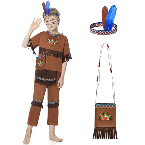JONRRYIN Indianer Kostüm Kinder Junge mit Kopfschmuck, 4 Stück Indianer-Kostüm für Junge, Costume Indiano für Junge, Indianer Cherokee Jungen Kostüm Karneval Halloween Party Cosplay (M) von JONRRYIN
