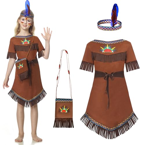 JONRRYIN Indianer Kostüm Kinder Mädchen, Indianer Kleid mit Indianer Kopfschmuck Feder, Faschingskostüm Indianer mit Taschen, Indianer Kleid Damen für Karneval Fasching Cosplay Party (L) von JONRRYIN