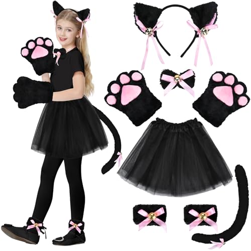 JONRRYIN Katzenkostüm Kinder, 8 Stück Katze Cosplay Set, Katzen Kostüm Mädchen mit Tutu, Katzenohren Haarreif, Schwanz, Katzenkrallen Handschuhe, Fliege, Fußglocke, für Kinder Mädchen Erwachsen JONRRYIN Katzenkostüm Kinder, 8 Stück Katze Cosplay Set, Katzen Kostüm Mädchen mit Tutu, Katzenohren Haarreif, Schwanz, Katzenkrallen Handschuhe, Fliege, Fußglocke, für Kinder Mädchen Erwachsen von JONRRYIN