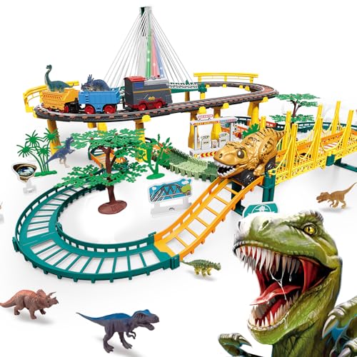 JONRRYIN Kinder Dinosaurier Autorennbahn Spielzeug, mit Zug&Autobahnautos, Elektrische Eisenbahnschiene Zug Spielzeug Set, Elektrische Eisenbahn Dino Spielzeug für Kinder 5 6 7 8 10+Jahre Geschenk von JONRRYIN