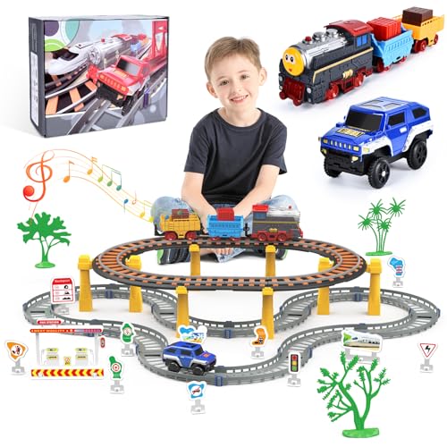 JONRRYIN Kinder Eisenbahnschiene Zug Spielzeug Set, Autorennbahn Spielzeug mit Zug&Autobahnautos, Elektrische Eisenbahn für Kinder 5 6 7 8 10+Jahre Geschenk von JONRRYIN