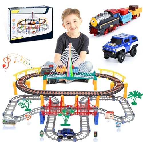 JONRRYIN Kinder Eisenbahnschiene Zug Spielzeug Set, Autorennbahn Spielzeug mit Zug&Autobahnautos, Elektrische Eisenbahn für Kinder 5 6 7 8 10+Jahre Geschenk von JONRRYIN