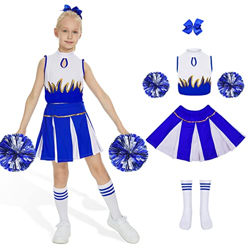 JONRRYIN Kinderkostüm Cheerleader, Cheerleader Kostüm Kinder, Kinder Cheer Outfitmit Pompons, Socken und Haarzubehör, Cheerleading Kleid Cheer Uniformen Karneval Kostüm für 8-13 Jahre (Bleu, 140cm) von JONRRYIN