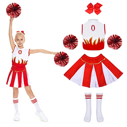 JONRRYIN Kinderkostüm Cheerleader, Cheerleader Kostüm Kinder, Kinder Cheer Outfitmit Pompons, Socken und Haarzubehör, Cheerleading Kleid Cheer Uniformen Karneval Kostüm für 8-13 Jahre (Rouge, 160cm) von JONRRYIN