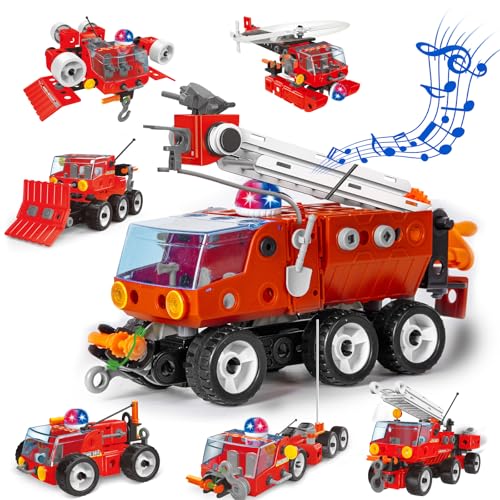 JONRRYIN Konstruktionsspielzeug für Kinder, 8-in-1 Feuerwehrauto-Spielzeug, Kreatives Baukasten Lernspielzeug mit Lichtern und Musik, Ingenieurspielzeug kreatives für Kinder ab 5 Jahren (159Pcs) von JONRRYIN
