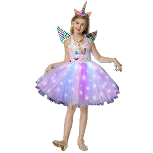 JONRRYIN Mädchen Einhorn Prinzessin Kleid mit LED, Regenbogen Einhorn Kostüm Kinder, LED Regenbogen Einhorn Tutu mit Einhorn Flügel, Ring, Kostüm mit Tutu Geeignet für Karneval, Party Prinzessin (L) von JONRRYIN