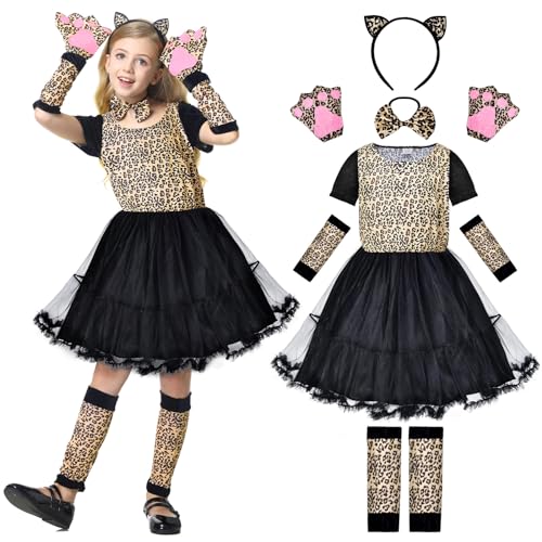 JONRRYIN Leoparden Kostüm Kinder, Leopard Kostüm Kinder, Mädchen Leopard Kostüme Karneval, Leopard Rock Kinder, Fasching Tütü Rock Leoparden Mädchen mit Handschuhe Leg Covers (L) von JONRRYIN