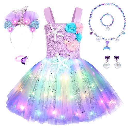 JONRRYIN Meerjungfrau Kostüm Mädchen, LED Tütü Tüllkleid für Mädchen mit 6 Zubehör, Leuchtendes Prinzessin Kleid für Karneval Verkleidung Cosplay Geburtstagsfeier Festkleid (HellesLila, XL) von JONRRYIN