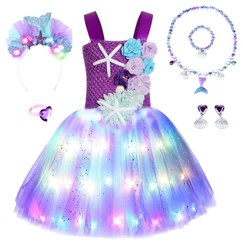 JONRRYIN Meerjungfrau Kostüm Mädchen, LED Tütü Tüllkleid für Mädchen mit 6 Zubehör, Leuchtendes Prinzessin Kleid für Karneval Verkleidung Cosplay Geburtstagsfeier Festkleid (Lila, M) von JONRRYIN