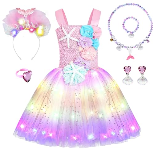 JONRRYIN Meerjungfrau Kostüm Mädchen, LED Tütü Tüllkleid für Mädchen mit 6 Zubehör, Leuchtendes Prinzessin Kleid für Karneval Verkleidung Cosplay Geburtstagsfeier Festkleid (Rosa, XL) von JONRRYIN