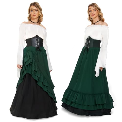 JONRRYIN Mittelalter Kostüm für Damen, Renaissance Viktorianisches Kleid, Mittelalter Kleidung Accessoires mit Ausgestellten Ärmeln und Hoher Taille, Gothic Retro Kleid Karneval Halloween (Grün, L) von JONRRYIN