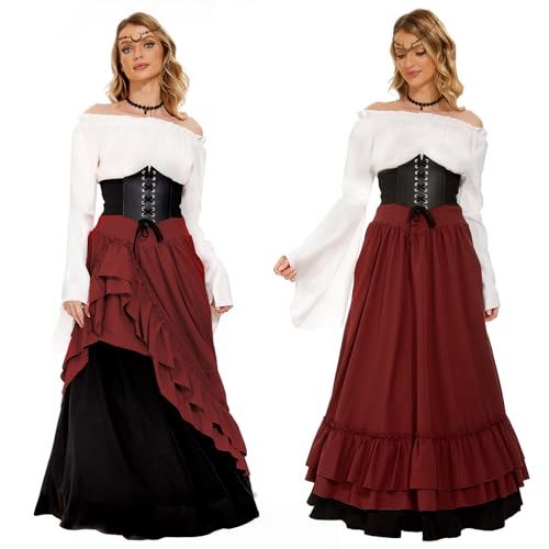 JONRRYIN Mittelalter Kostüm für Damen, Renaissance Viktorianisches Kleid, Mittelalter Kleidung Accessoires mit Ausgestellten Ärmeln und Hoher Taille, Gothic Retro Kleid Karneval Halloween (Rot, XXL) von JONRRYIN