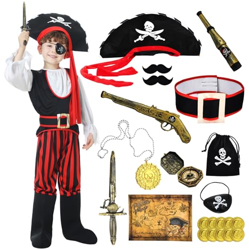 JONRRYIN Piratenkostüm für Kinder, Piratin Kostüm Kinder Jungen, Piratenkostüm Set mit Accessoires Piraten Hut Schmuck und Piratin Schwert für Jungen Karneval Cosplay Halloween JONRRYIN Piratenkostüm für Kinder, Piratin Kostüm Kinder Jungen, Piratenkostüm Set mit Accessoires Piraten Hut Schmuck und Piratin Schwert für Jungen Karneval Cosplay Halloween von JONRRYIN