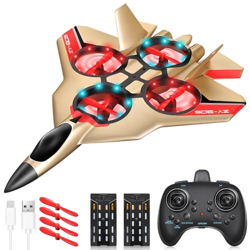 JONRRYIN RC Flugzeug für Kinder, 2,4 GHz Ferngesteuertes Flugzeugmodell mit LED, RC Flugzeug mit 4 Achsen Gyro Stabilisator für Kinder und Anfänger (Gold) von JONRRYIN
