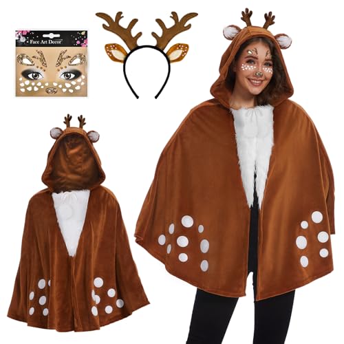 JONRRYIN Rentier Karneval Damenkostüm, Rentier Geweih Haarreifen mit Rentier Ohren, Reh Bambi Cape mit Kapuze, Glitter Gesichtstattoo, Reh Tier Kostüm für Fasching Weihnachten Motto Party JONRRYIN Rentier Karneval Damenkostüm, Rentier Geweih Haarreifen mit Rentier Ohren, Reh Bambi Cape mit Kapuze, Glitter Gesichtstattoo, Reh Tier Kostüm für Fasching Weihnachten Motto Party von JONRRYIN
