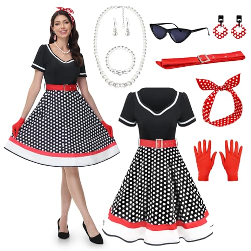 JONRRYIN Rockabilly Accessoires Damen: 9-teiliges Kostüm mit Katzenauge Brille, Ohrringe, Stirnband, Halskette, Handschuhe - Perfekt für Motopartys & Retro Partys (Schwarz, M) von JONRRYIN