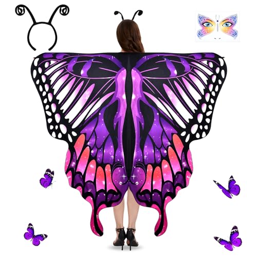 JONRRYIN Schmetterling Kostüm Damen, 3 Schmetterlingsflügel Erwachsene, Bunter Schmetterling Umhang, Schmetterlingskostüm Flügel Cosplay Fasching Skostüme für Karneval (168x135cm) von JONRRYIN