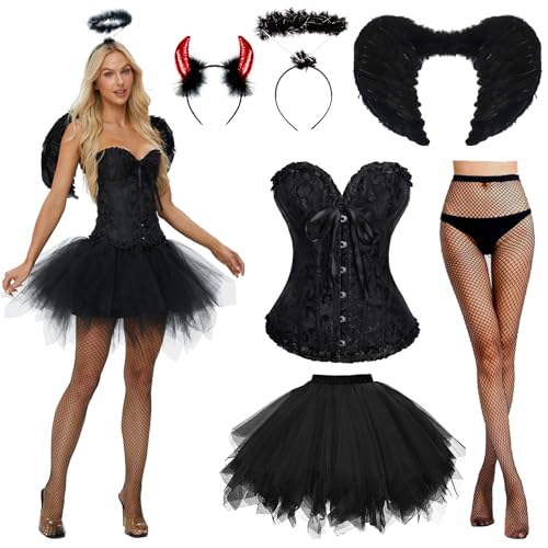 JONRRYIN Schwarz Engel Kostüm, Engel und Teufel Flügel Kostüm, engelsflügel kostüm damen mit Damen Schnürkorsett Top, Tüllrock, Heiligenschein und Teufel Hörner für Halloween Karneval (Schwarz, XL) JONRRYIN Schwarz Engel Kostüm, Engel und Teufel Flügel Kostüm, engelsflügel kostüm damen mit Damen Schnürkorsett Top, Tüllrock, Heiligenschein und Teufel Hörner für Halloween Karneval (Schwarz, XL) von JONRRYIN