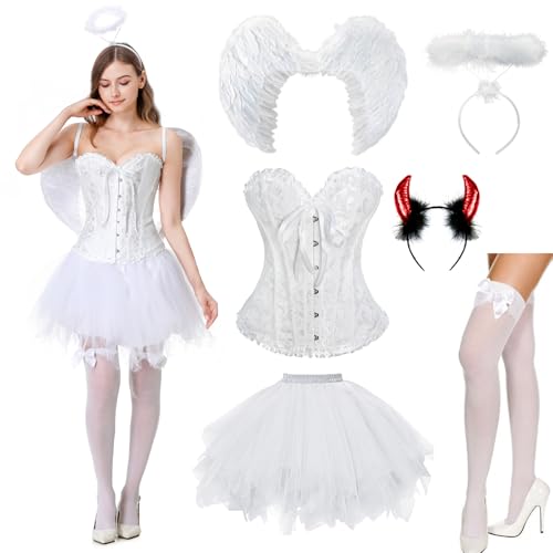 JONRRYIN Engel Kostüm Damen, Engelsflügel Weiß Erwachsenes, Engelsflügel Amor Kostüm Damen mit Schnürkorsett Top, Tüllrock, Heiligenschein Engel und Teufel Hörner für Halloween Karneval (Weiß, M) JONRRYIN Engel Kostüm Damen, Engelsflügel Weiß Erwachsenes, Engelsflügel Amor Kostüm Damen mit Schnürkorsett Top, Tüllrock, Heiligenschein Engel und Teufel Hörner für Halloween Karneval (Weiß, M) von JONRRYIN